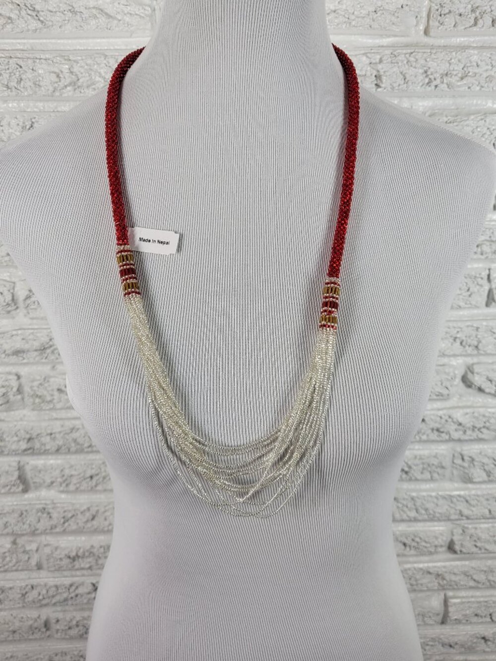 Nepali Seed Bead Rope Necklace Red Silver Multi Strand Crochet Boho N6E